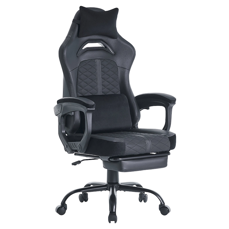 สีดำปรับหนังคอมพิวเตอร์ตามหลักสรีรศาสตร์ Chaise GAMING นอน Lumbar Support GAMING เก้าอี้ที่วางเท้า (T-7138)